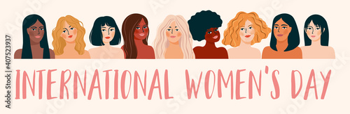 International Womens Day. Vector illustration with women different nationalities and cultures.