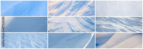 Set of snow textures. Collection of beautiful panoramic winter backgrounds with pure fresh snow and wind-sculpted patterns on a snowy surface. Nine wide panoramas with natural snow textures.