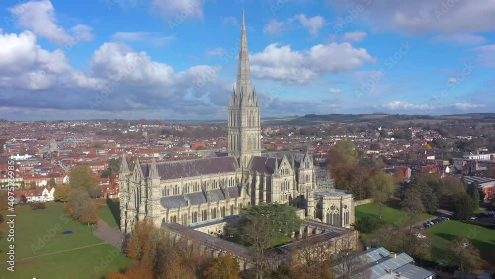 Aerial view over Salisbury and Salisbury Cathedral on a summer morning, Salisbury, Wiltshire, England Aerial view over Salisbury and Salisbury Cathedral on a summer morning, Salisbury, Wiltshire, England