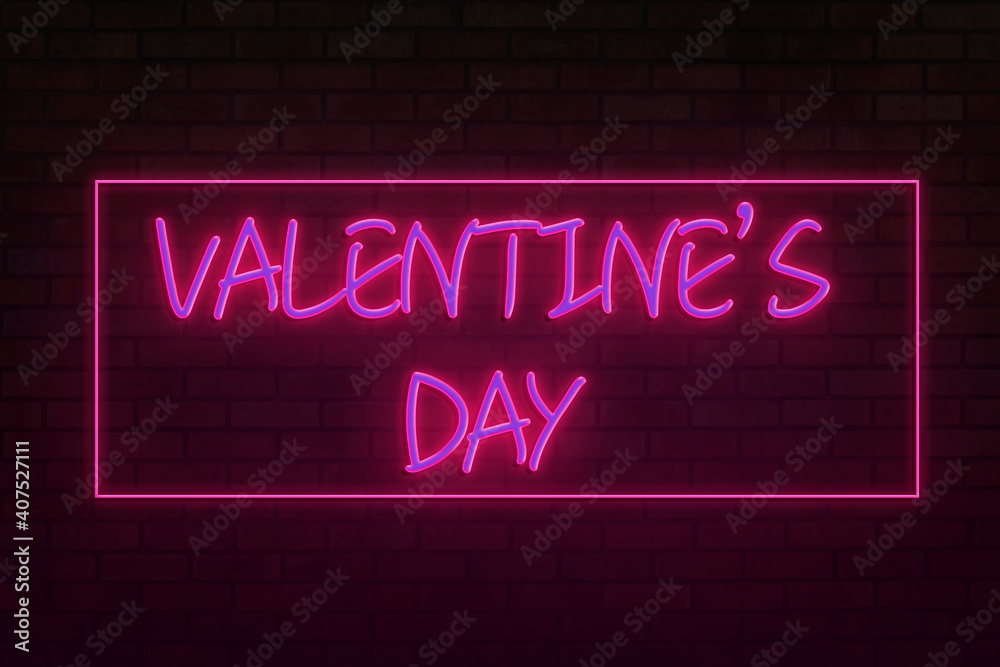 Happy Valentine's day greeting card. pink neon style on a background of dark brick wall Happy Valentine's day greeting card. pink neon style on a background of dark brick wall