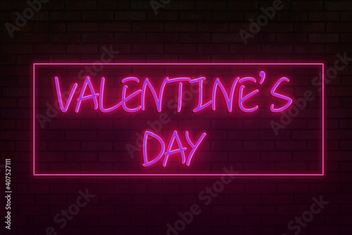 Happy Valentine's day greeting card.  pink neon style on a background of dark brick wall