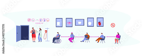 Patients Sitting in Chairs and Waiting for Doctor's Appointment Time at Hospital.Men and Women at Physician's Office or Clinic. Hospital Queue and Registry Service in Quarantine.Vector Illustrstion