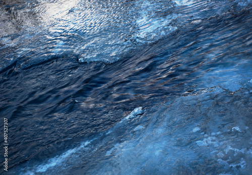 flowing river through melted ice