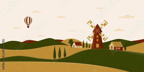 Rural landscape with windmill and farmhouses. Vector illustration of the Italian countryside. Horizontal scenery in Tuscany with fields, hills, cypresses. Balloon in the sky. Poster in flat design
