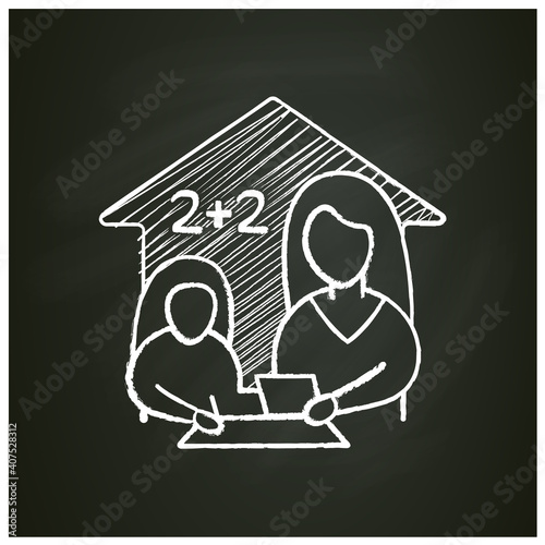 Mathematics lesson chalk icon. Child teaches math with his mother. Home education concept. Distance learning and home teaching. Isolated vector illustration on chalkboard