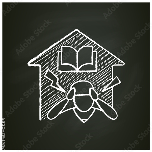  Stress at home chalk icon. Dad tired of his child home learning. Online education concept. Distant remote teaching and homeschooling. Isolated vector illustration on chalkboard