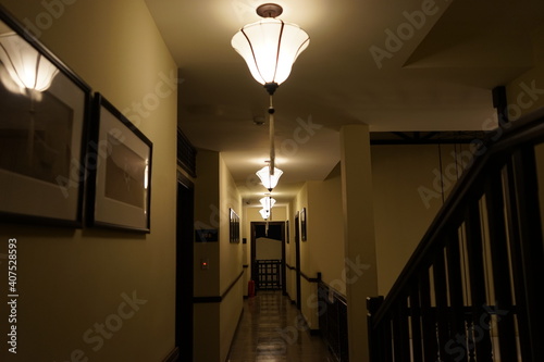 Dark empty Corridor with yellow lantern lamp - 暗い廊下 ランタン ランプ photo