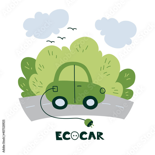 Vector Electric cars in hand drawing style. Electric car charging at refueling power station on the background of nature. Vector illustration. 