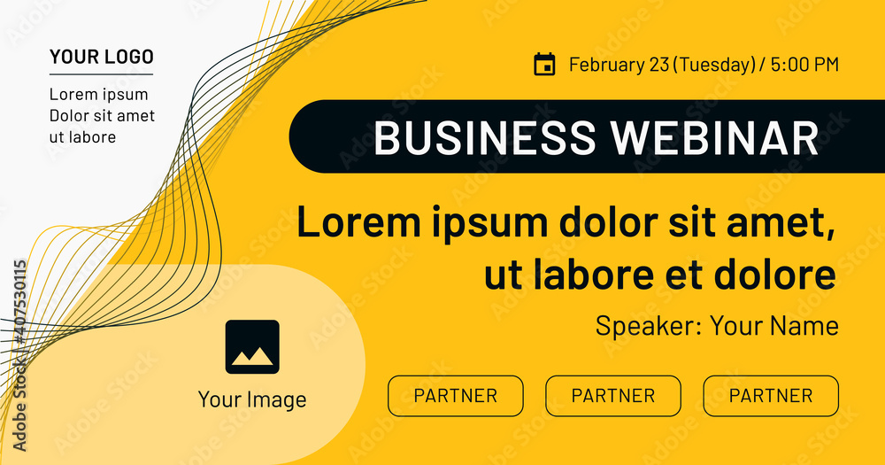 Business webinar, banner with image, contact data, partners frames on