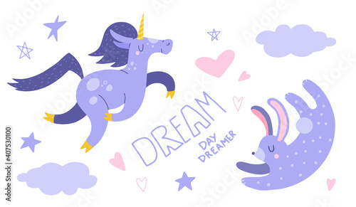 Flat cartoon vector illustration with cute unicorn and rabbit, hand drawn style. Isolated on white.