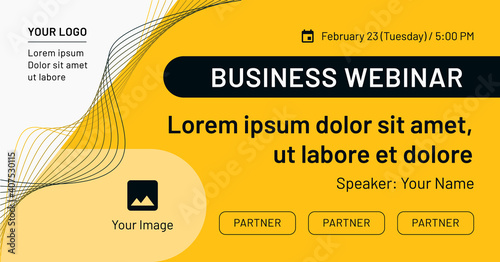 Business webinar, banner with image, contact data, partners frames on yellow background. Black and yellow vector template for webinar, conference, e-mail, flyer, meetup, party, event, web header