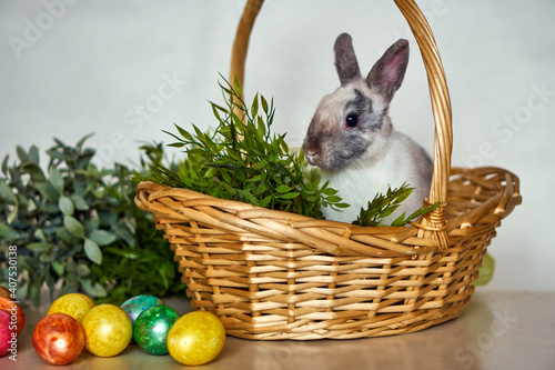 Easter bunny with colored eggs and a basket. Festive hare with grass on a white background. High quality photo © Vladimir