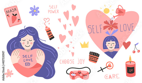 Set of design elements on self-care theme: girls, heart, mask, candle, flower. Flat cartoon vector illustration