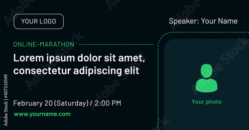 Online-marathon banner with image and contact data on a dark background. Green vector template for webinar, conference, invitation, flyer, meetup, party, event, poster