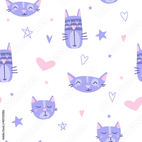 Seamless pattern with muzzles of cats and heart. Flat cartoon vector illustration