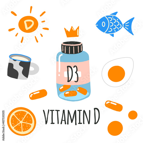 Vitamin D. Jar with pills, sun, fish, milk, orange, egg. Flat cartoon vector illustration