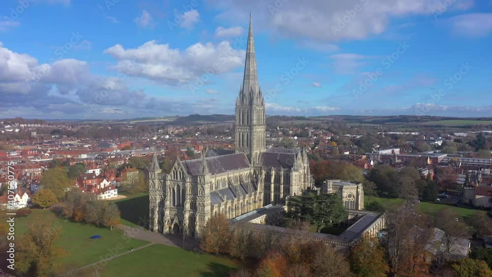 Aerial view over Salisbury and Salisbury Cathedral on a summer morning, Salisbury, Wiltshire, England Aerial view over Salisbury and Salisbury Cathedral on a summer morning, Salisbury, Wiltshire, England