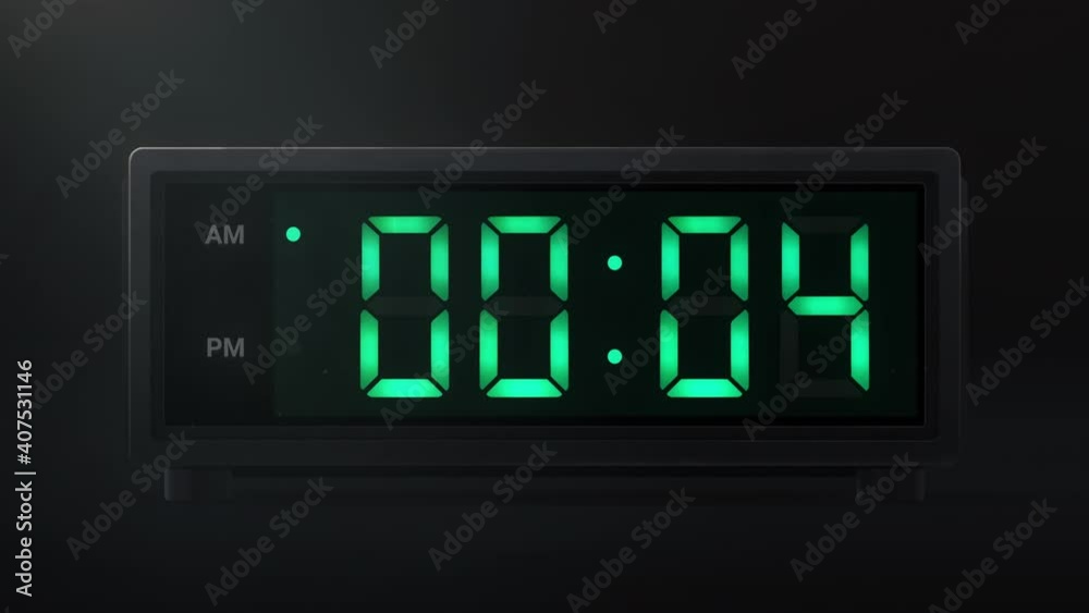Dynamic seconds changing from 0 to 15. Digital clocks with bright glowing LED numbers indication