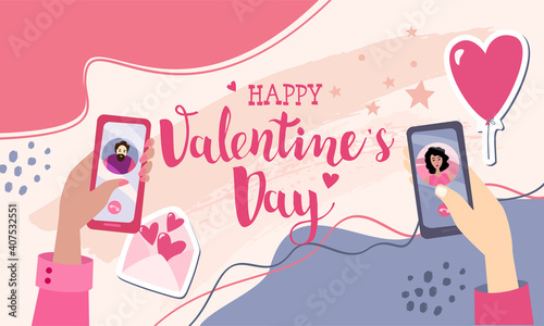 Vector Valentines Day card temlate with hands holding smartphones. Concept on...