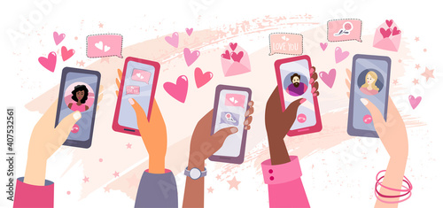 Vector Valentines Day banner with hands holding smartphones. Concept online d...