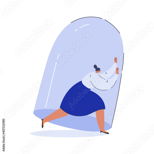 Gender inequality in employment concept. Tiny young woman under bell glass. Sexism. Cartoon character isolated on white background. A woman defends her rights. Flat color vector illustration.