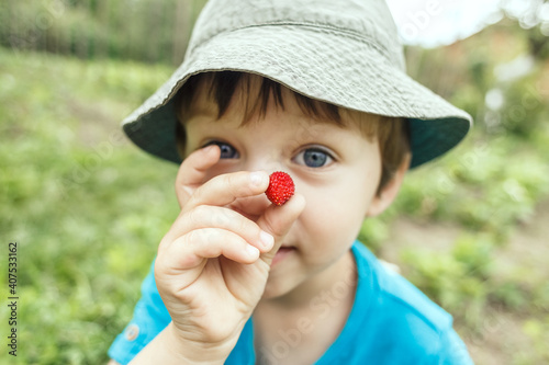 Boy showing small strawberry picked in the garden