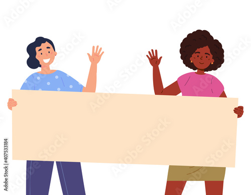 Women holding a blank poster with place for text. A young people holds a bullet leaf in their hands. Teenagers shows a poster and waving their hands. Vector trendy illustration.