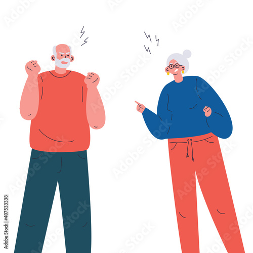 Old aggressive man and woman parents yelling and quarrel. The psychological concept of family quarrel, conflict and misunderstanding. Vector illustration on white background. 
