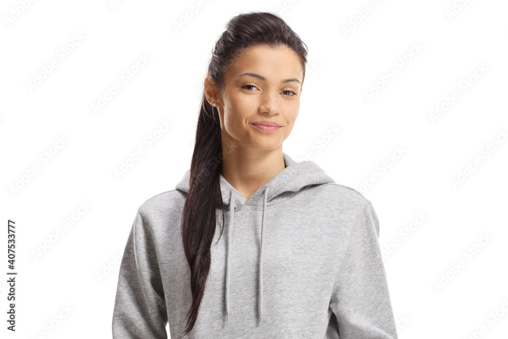 Mixed race female with a gray hoodie Mixed race female with a gray hoodie
