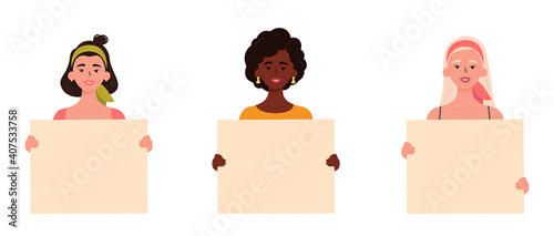 Set of girls holding a blank posters with place for text. A young women holding a bullet leafs in their hands. Teenage girls showing posters. Hand drawn style vector trendy illustration.