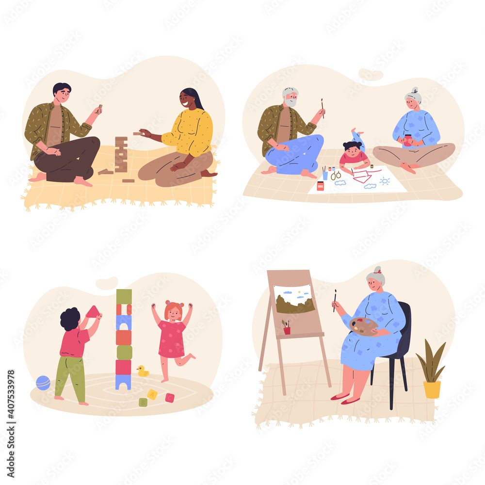 Set of family home activities. Happy parents and children playing games, painting together. Grandparents with grandchildren. Rest at home. Vector illustration flat cartoon style. Set of family home activities. Happy parents and children playing games, painting together. Grandparents with grandchildren. Rest at home. Vector illustration flat cartoon style.