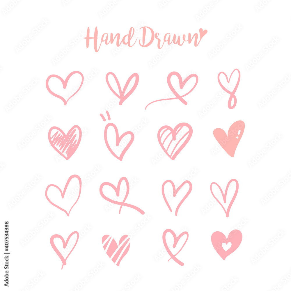 Valentine hearts background. Set of pink pastel hand drawn.