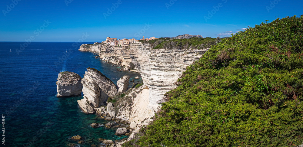 Old Town of bonifacio, dramatically siutated atop an eroding limestone promontory. Corsica, France