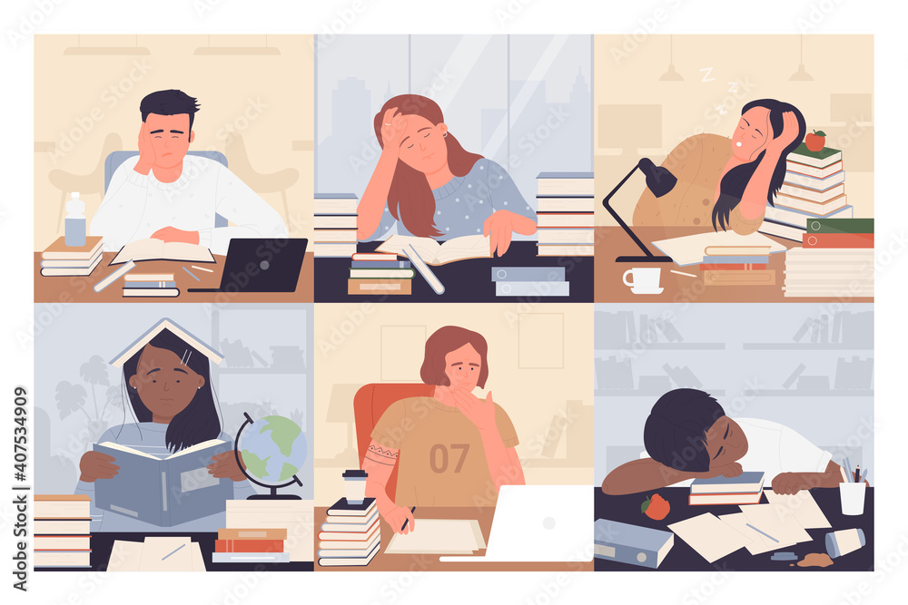 Bored students study vector illustration set. Cartoon young exhausted woman man student characters sitting on desk with books while studying boring and doing homework, frustrated people working