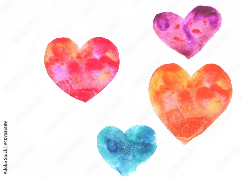 Cute multicolored hearts hand-painted with watercolors in bright colors in warm and cold shades.