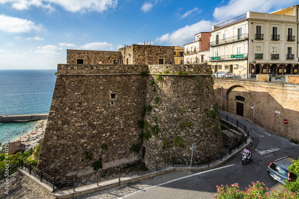 View of Castello Murat built by the Aragonese in the 15th century, in which Joachim Murat was imprisoned and sentenced to death, Pizzo, Calabria, Italy