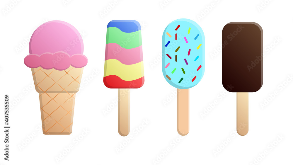 Ice cream set isolated on a white background. Summer colorful background. Tasty cute appetizing food collection. Simple realistic modern design. Flat style vector illustration Ice cream set isolated on a white background. Summer colorful background. Tasty cute appetizing food collection. Simple realistic modern design. Flat style vector illustration
