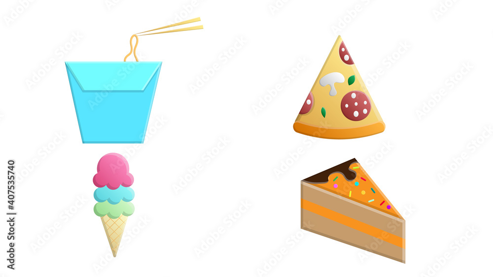 Fototapeta premium fast food icons set pancake coffee tea pizza cupcake sandwich cup ice cream birthday cake noodles french fries juice cocktail doughnut hot dog beer rum whisky bun chips sweets burger