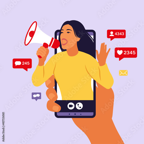 Hands holding smartphone with a girl shouting in loud speaker. Influencer marketing, social media or network promotion. Blogger promotion services and goods for her followers online. Vector. photo