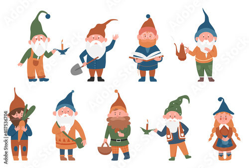 Cute fairytale gnomes vector illustration set. Cartoon funny gnome or dwarf male female fairy character standing in various poses, holding mushroom, working in garden, reading book isolated on white