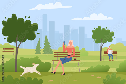 Happy girl sits on bench outdoor vector illustration. Cartoon flat young lonely woman sitting on public city park bench, smiling and holding smartphone in hand, relax in summer nature background
