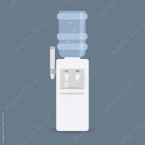 Floor water cooler with glass holder for office and home. Plastic bottle. Water dispenser with blue full bottle, as well hot and cold water taps. Isolated on blue background.Raster illustration