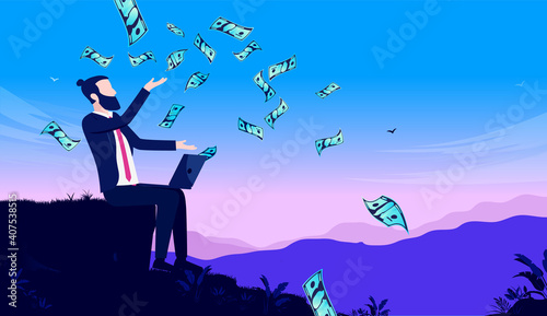 Earn money from anywhere - Man sitting outdoors with laptop while cash is raining down. Freelance success concept. Vector illustration.