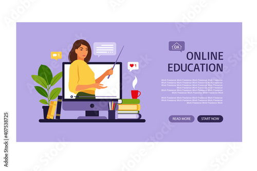 Online learning concept. Online education landing page. Teacher at chalkboard, video lesson. Distance study at school. Vector illustration. Flat style.