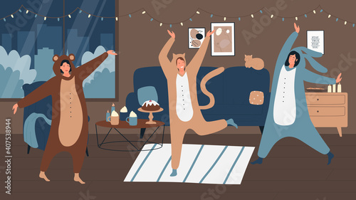 People on pajamas party in home interior vector illustration. Cartoon young woman characters wearing funny animal onesie costume, celebrating Halloween pajama party, happy celebration scene background