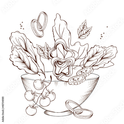 Salad bowl with mix of vegetables and lettuce leaves, engraving style vector illustration isolated white background. Vegetarian food in dish with pepper and vegetables, hand drawn sketch illustration.