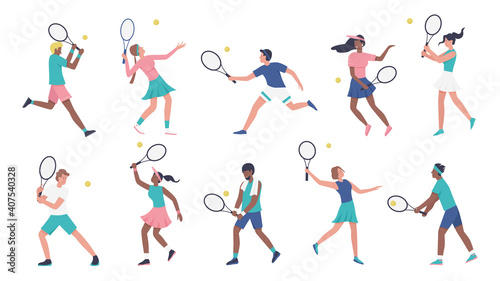 Workout playing tennis vector illustration set. Cartoon young woman man sportive characters in sportsman uniform play tennis  players holding rackets and hitting ball collection isolated on white