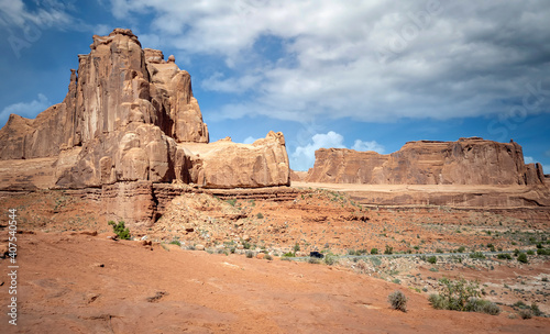Dazzling Arches National Park in the summertime with sandstone formations on a partly cloudy day in Utah