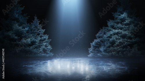 Spruces in rink. Empty beautiful winter background. Light illuminating ice. Spruces and ice in black background. Scene