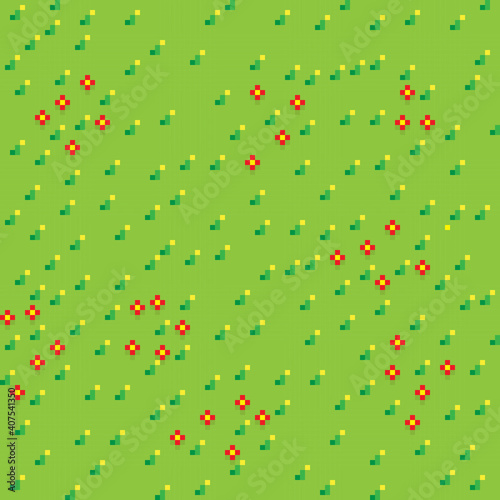 Grass pixel art background. Grass texture. Pixel art vector. Flower garden. 